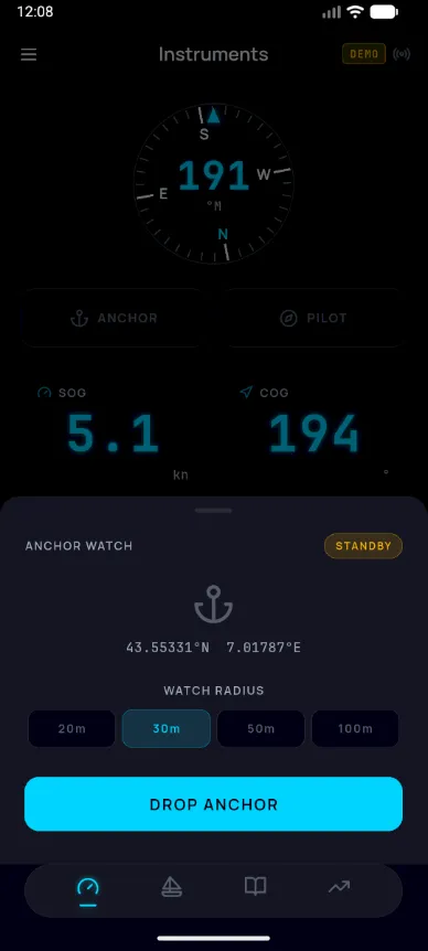 Anchor watch with configurable radius