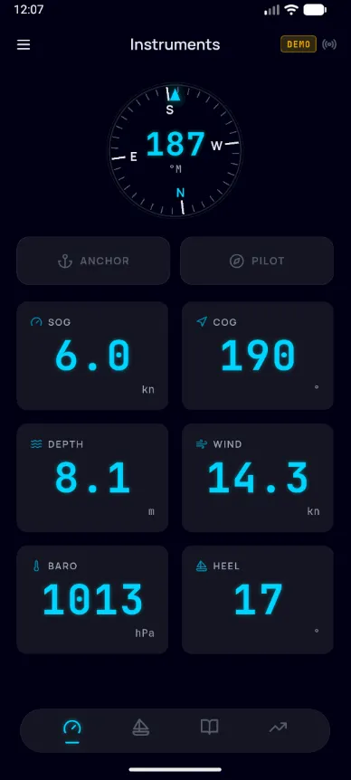 Live instruments dashboard showing compass, speed, depth, wind