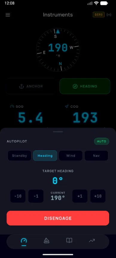 Autopilot control with heading, wind, and nav modes